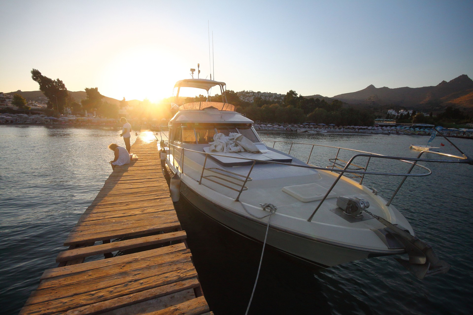 Boats are waiting to sail on the Karaincir beach of Bodrum, the popular holiday destination.